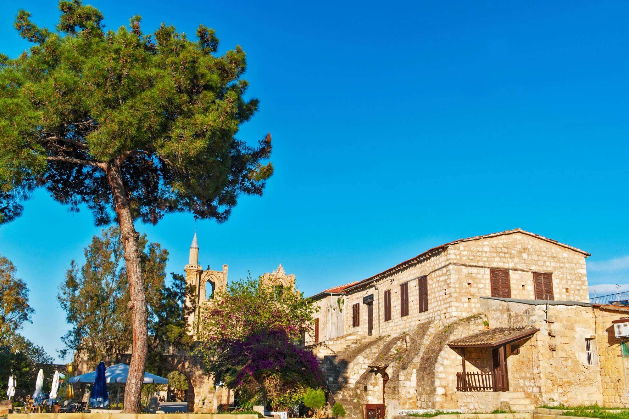 The Othello's Tower is surrounded by trees and colourful flowers.